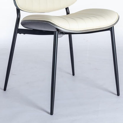 Dining Chairs Set of 4, Mid Century Modern Accent Dining Room and Kitchen Chairs, Upholstered PU Leather Vertical Stripe Chairs for Vanity with Walnut Bentwood and Metal Legs, Beige