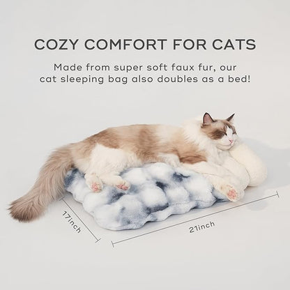 Cat Sleeping Bed for Indoor Cats Self Warming Cat Bag Fits up to 15 lbs Pets Soft Plush Warm Bed 360° Wrap Bag Washable Comfortable Pet Sleeping Bed 21" × 17" Blue White