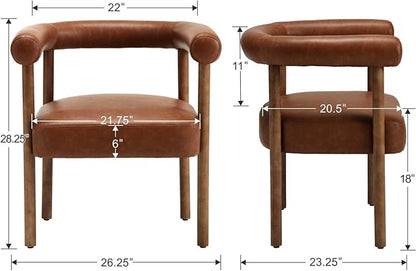Mid-Century Modern Dining Chairs Set of 6, Armrest Barrel Dining Chairs Side Accent Chairs with Curved Back, Upholstered Wood Armchairs for Kitchen, PU Leather Brown