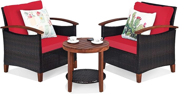 Tangkula 3 Pieces Patio Furniture Set, Outdoor Rattan Sofa and Side Table w/Solid Acacia Wood Frame, High Load Bearing Conversation Bistro Set w/Washable and Removable Cushions (Red)