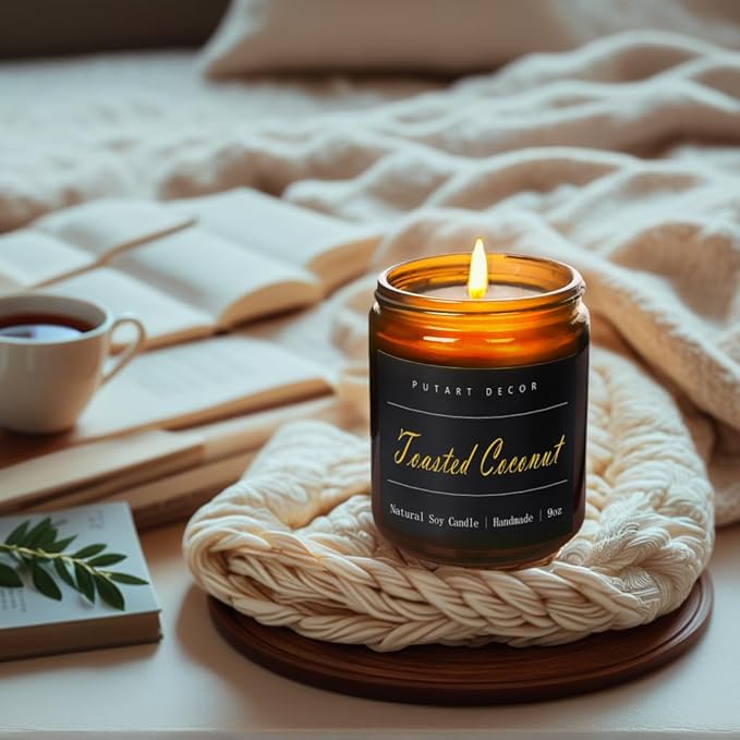 Toasted Coconut Candles for Home Scented, Natural Soy Aromatherapy Non Toxic Candles with Long Lasting Fragrance & Clean Burn, Luxury Jar Candle Gift for Women, Men, Home Decoration 9oz