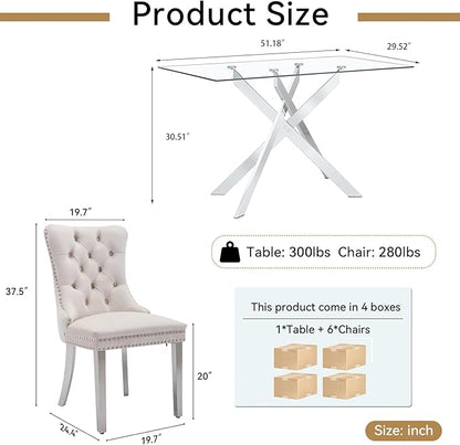 Goujxcy Glass Dining Table Set for 6, Modern Kitchen Table and Chairs Set of 6, 7-Piece Kitchen Dining Room Table Set w/51 Glass Metal Dining Table and 6 Beige Velvet Upholstered Chairs