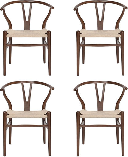 Tomile Wishbone Chair Y Chair, Wooden Dining Chairs Set of 4, Mid Century Modern Chairs with Arms, Solid Wood Weave Seat Kitchen & Dining Room Chairs (Ash Wood - Walnut Color)
