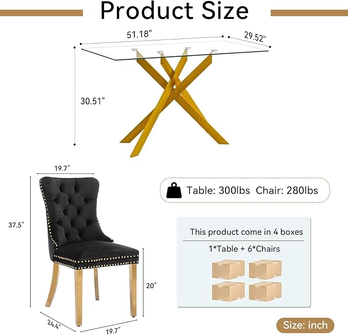 Goujxcy Glass Dining Table Set for 6, Modern Kitchen Table and Chairs Set of 6, 7-Piece Kitchen Dining Room Table Set w/51 Glass Gold Dining Table and 6 Black Velvet Upholstered Chairs