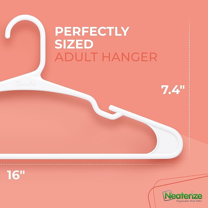 NEATERIZE Clothes Hangers Plastic 100 Pack For Adults - Plastic Hangers, The Perfect Coat Hanger and Space Saving Clothes Hangers for Closet, Percheros Ganchos para Colgar Ropa Hangars - White Hangers