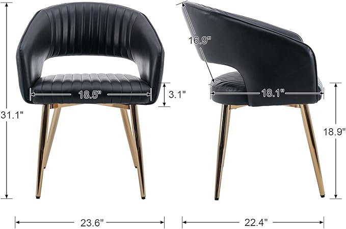Modern Dining Chairs Set of 6, Upholstered PU Leather Gold Dining Room Chairs with Hollow Back, Accent Armrest Kitchen Chairs with Gold Legs for Living Room Black