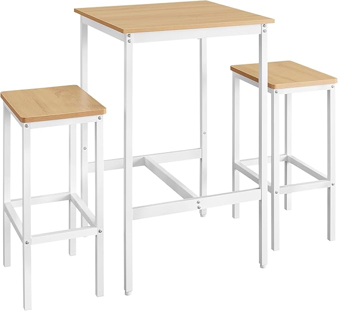 VASAGLE Bar Table and Chairs Set, Square Table with 2 Stools, Dining Pub Set for 2, Space Saving for Kitchen Breakfast, Living Room, Party Room, Golden Oak and Cloud White