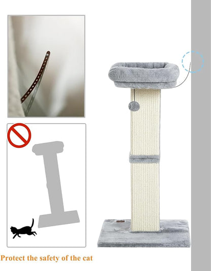 32" Cat Scratching Post for Indoor Cats, Sisal Cat Scratcher with Plush Perch, Large Scratch Post with Bed, Removable Cover, Sisal Fabric,Light Grey