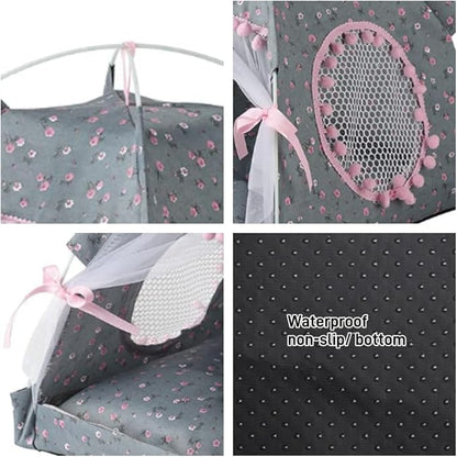 Cat Bed Tents Dog House Indoor Outdoor Lace Mesh Breathable Windows Door Curtains Removable Portable Nest Teepe House (Large,Gray&Pink)