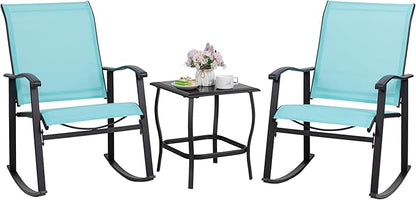 Shintenchi 3 Piece Rocking Bistro Set, Outdoor Furniture with Rocker Chairs and Glass Coffee Table Set of 3, Balcony, Porch Furniture for Small Space, Blue