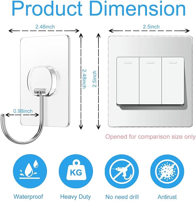 Large Adhesive Hooks for Hanging Heavy Duty Wall Hooks Self Adhesive Towel Coat Hooks Waterproof Transparent Hook for Bathroom Shower Kitchen Keys Door Outdoor Home Improvement Utility Hook 8 Pack