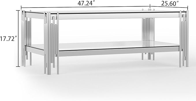 Goujxcy Modern Glass Coffee Table 47" Silver Center Table with Tempered Glass Top and Mirror Finish Stainless Steel Legs, Luxury Rectangular Coffee Table for Living Room Apartment (Silver)