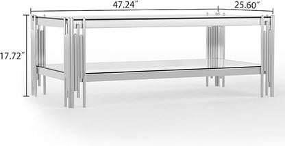 Goujxcy Modern Glass Coffee Table 47" Silver Center Table with Tempered Glass Top and Mirror Finish Stainless Steel Legs, Luxury Rectangular Coffee Table for Living Room Apartment (Silver)