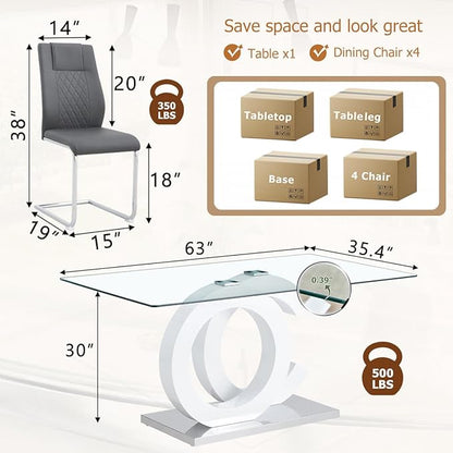 63'' Glass Dining Table Set for 4, Kitchen Table Chairs Set of 4, Clear Glass Dining Table with White unique design Leg and Silver Metal Base, 4 PU Dining Chairs with Metal Legs, Living Room, Kitchen.