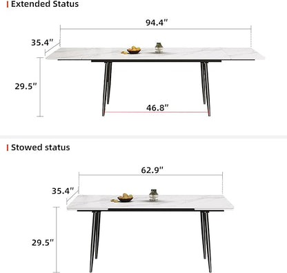 Expandable Rectangular Dining Table (62.9" to 94.4") – Modern White Sintered Stone Top, Adjustable Table for 6 to 10 People for Dining Room Family Gathering