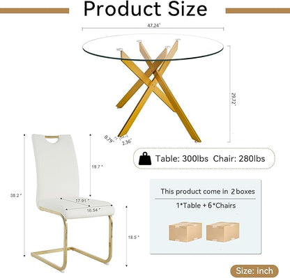 Goujxcy Round Dining Table Set for 6, Modern Glass Kitchen Table and Chairs Set of 6, 7 Piece Dining Room Table Set with 47" Circle Gold Metal Glass Dinner Table and 6 White Leather Dining Chairs