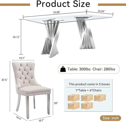 Goujxcy 70" Glass Dining Table Set for 6, Modern Silver Dining Table Set with 6 Beige Velvet Upholstered Dining Chairs, 7 Piece Kitchen Dining Room Table Set with Stainless Steel Legs