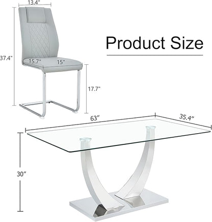 AZmac 63” Glass Dining Room Table Set for 4, Modern Kitchen Table and Chairs Set of 4, Dining Sets with Rectangular Tempered Glass and Sturdy Silver Chrome Base, for Kitchen Home