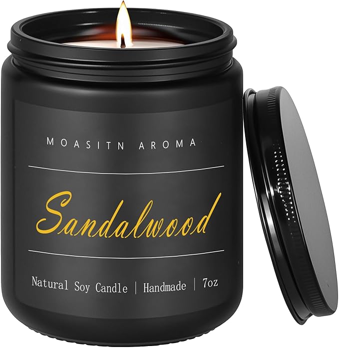 MOASITN Sandalwood Scented Candles for Home| Leather,Sandalwood,Amber Scented Soy Candle| Handmade Longlasting Aromatherapy Candle| Jar Candel Gift for Women,Men for Spring,Birthday,Relaxing|7oz