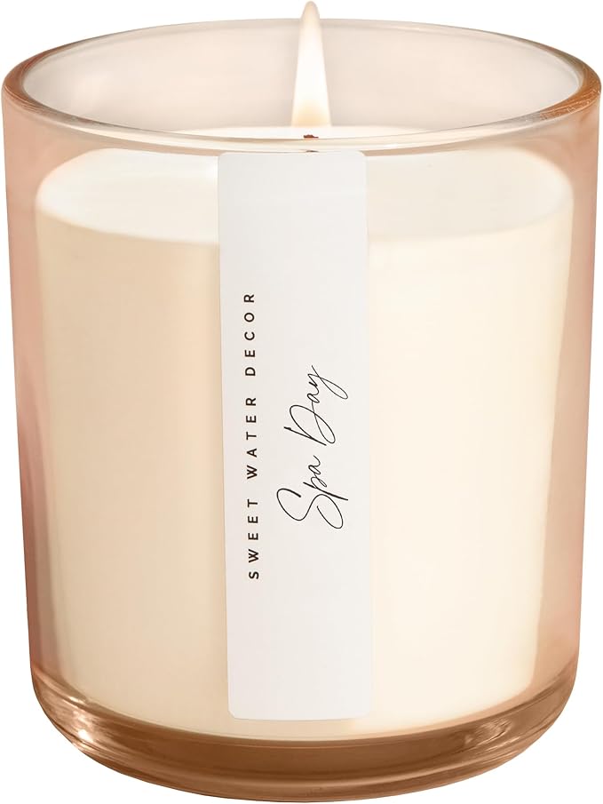Sweet Water Decor Spa Day Scented Soy Candles – Sea Salt, Jasmine, Wood, Cream – Cozy Vacation Aroma – 50 Hour Burn – 12oz Tinted Glass Jar for Home Decor and Bedroom Decor