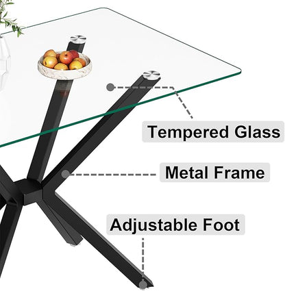 47'' Modern Glass Dining Table for 2-4 People, Rectangular Dining Room Table with Black Metal Legs, Clear Tempered Glass Top Dining Table for 4, Cpmpact Dinner Kitchen Table for 4