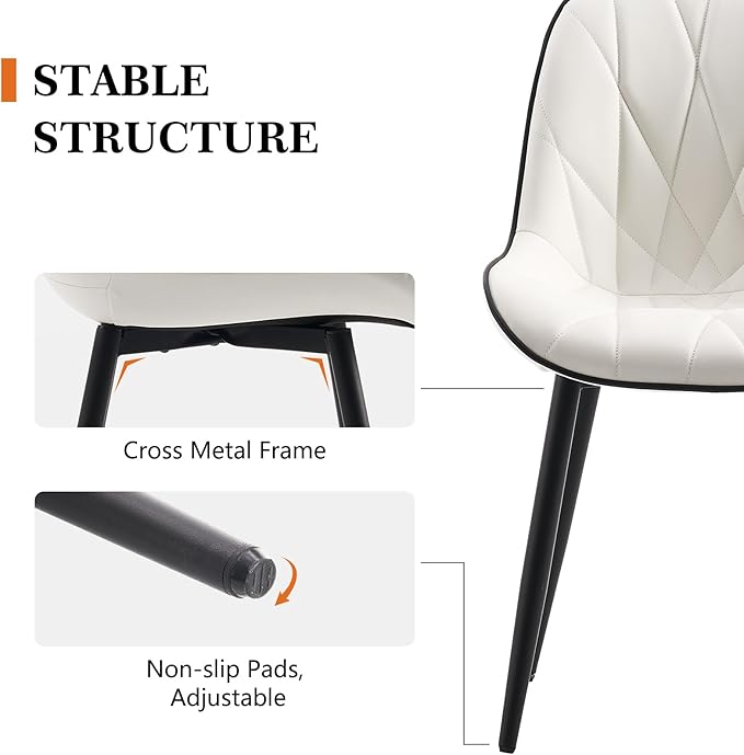 Rowill Modern Dining Chairs Set of 2 - White Faux Leather Upholstered Kitchen Chairs with Soft Cushion Backrest, Sturdy Metal Legs & Non-Slip Pads, Suitable for Home Dining Room, Kitchen