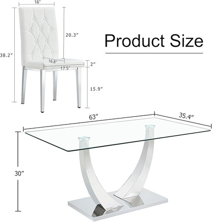 Modern Dining Table Set for 4, Glass Dining Table with 4 PU Leather Chairs, 63'' U-Shaped Legs and Rectangular Base