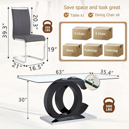 63'' Glass Dining Table Set for 6, Kitchen Table Chairs Set of 6, Clear Glass Dining Table with Black unique design Leg and Silver Metal Base, 6 PU Dining Chairs with Metal Legs, Living Room, Kitchen.
