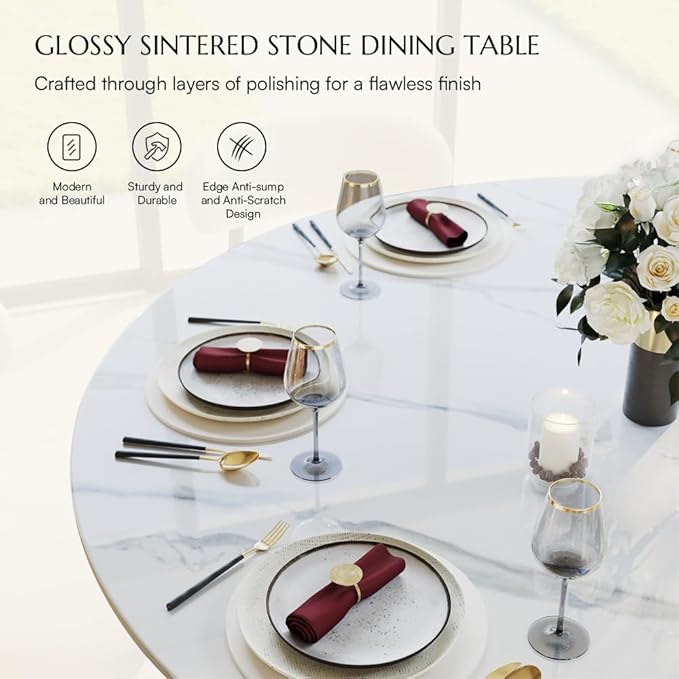 POVISON 51" Modern Round Dining Table for 4-6, Glossy White Round Dining Room Table, Sintered Stone Dining Tabletop with Bronze X Carbon Steel Base (Dining Table Only)
