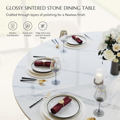 POVISON 51" Modern Dining Table, Glossy White Round Dining Table for 6, Sintered Stone Dining Tabletop with Black X Carbon Steel Base (Table Only)