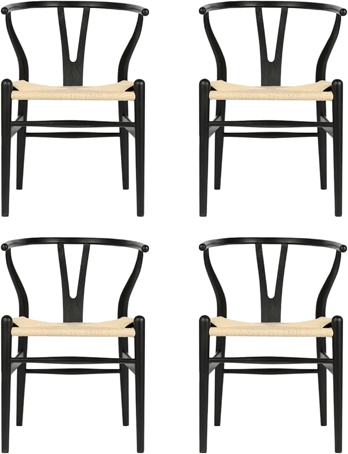 Tomile Wishbone Chair Y Chair, Wooden Dining Chairs Set of 4, Mid Century Modern Chairs with Arms, Solid Wood Weave Seat Kitchen & Dining Room Chairs (Ash Wood-Black Frame + Natural Cord)