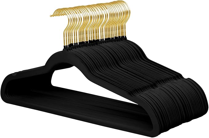 ManGotree Velvet Coat Hangers with 360° Swivel Gold Hook, Non-Slip Felt Suit Hangers, Ultra-Slim Space Saving Clothes Hanger, Sturdy for Jacket, Shirt, Dress, Pants (36 Pack, Black)