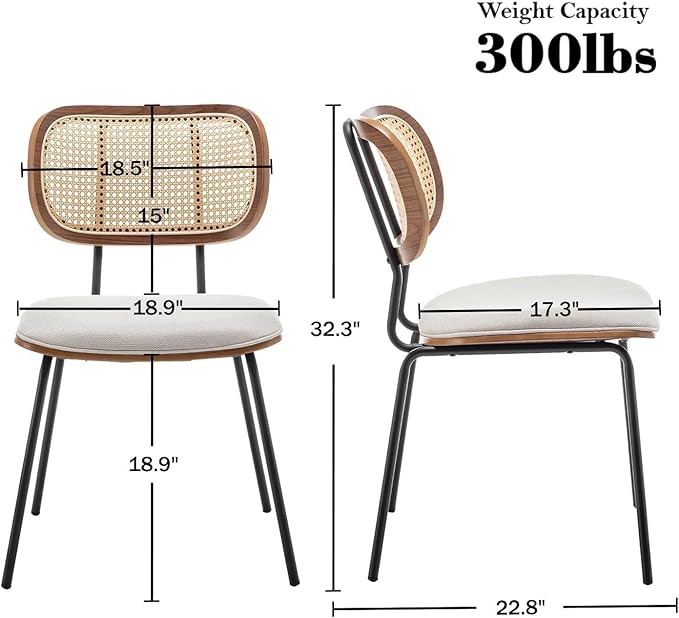 Rattan Dining Chairs Set of 4, Mid Century Modern Dining Chairs with Cane Back for Kitchen Dining Room, 19 Inch Fabric Beige