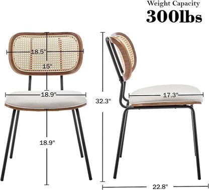 Rattan Dining Chairs Set of 4, Mid Century Modern Dining Chairs with Cane Back for Kitchen Dining Room, 19 Inch Fabric Beige