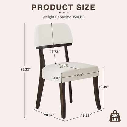 Modern Wood Dining Chairs Set of 2, Velvet Upholstered Kitchen Chairs with Open Curved Backrest & Black Hardwood Legs for Vanity, Living Room, 350 LBS Capacity, White