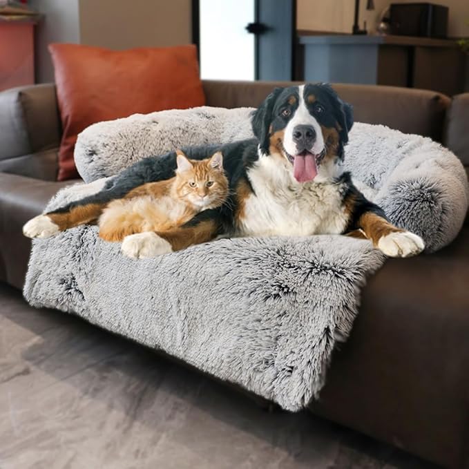 Calming Dogs/Cats Bed Mats, Dog Pad Washable Removable Couch Cover, Plush Long Fur Mat for Pets, Waterproof Lining, Perfect for Small, Medium and Large Dogs and Cats (Gradient Gray, 59"x39")