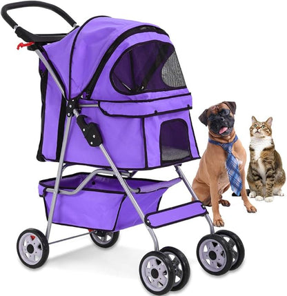 4 Wheels Pet Stroller Cat Dog Cage Stroller Travel Folding Carrier with Cup Holders and Removable Liner for Small-Medium Dog, Cat (Purple)