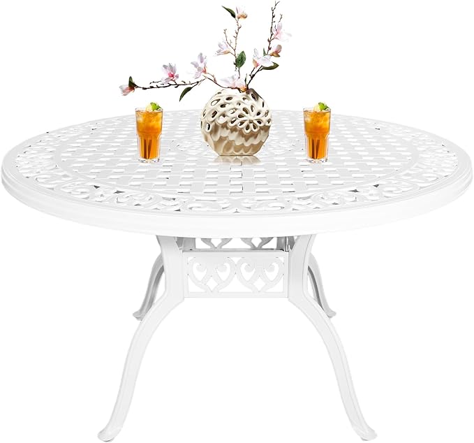 48" Round Patio Table for 6-8 Person Cast Aluminum Bistro Table with 2.36" Umbrella Hole,Metal Outdoor Dining Tables,Wrought Iron Patio Bistro Table,White Patio Table.