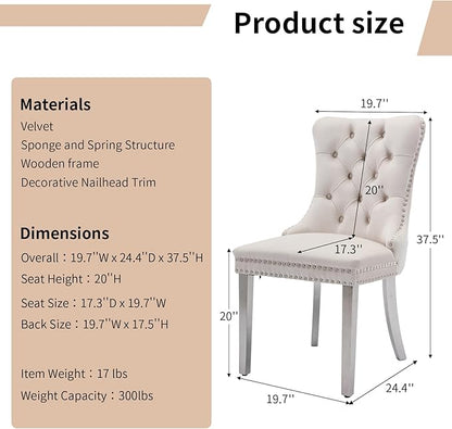 Luxury Upholstered Dining Chairs Set of 8, Beige Kitchen Chair with Silver Metal Legs, Velvet Tufted Back Dining Chair, Sillas de Comedor, Modern Kitchen & Dining Room Chairs (Beige, 8 Pcs)