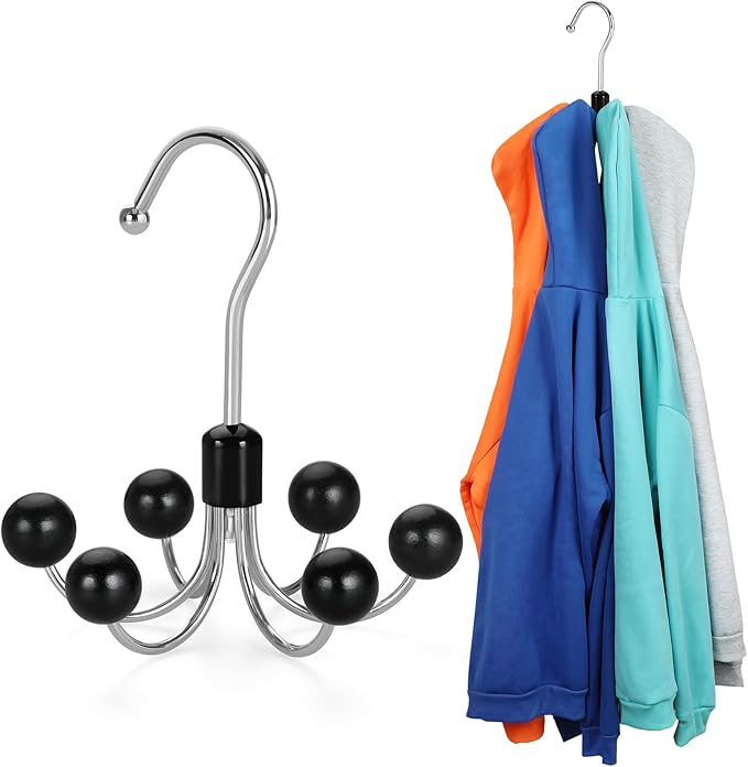 TOPIA HANGER Hoodie Hangers with 6 Wood Balls, 360°Swivel Purse Hanger, Scarf Hanger, Closet Hooks, Handbag Organizer, Bra Hanger, Accessory Organizers for Scarf, Tanktop, Hat, Hoodie CT56B