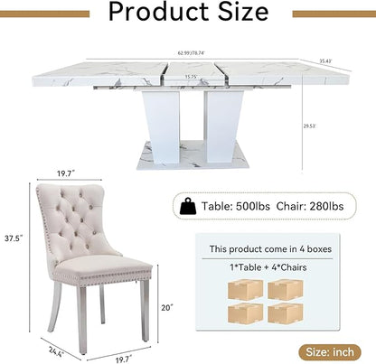 5-Piece Extendable Dining Table Set for 4-8 People 63-78 Inch Kitchen Table Set with 4 Beige Upholstered Chairs Modern White Faux Marble Rectangular Dining Room Table Set for Kitchen Apartment