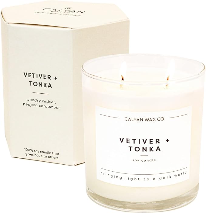Calyan Wax Co. Vetiver & Tonka 2 Wick Scented Candle - 37 Hour Burn - Luxury Non Toxic Soy Wax Candles - Long Lasting Large Glass Jar Candle for Home - 8.8oz