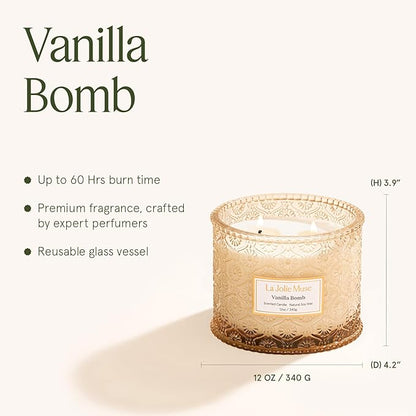 LA JOLIE MUSE Vanilla Bomb Candle | Lemon Zest, Fressia & Patchouli | 12 oz Large 2-Wick Soy Wax Candle | 60 Hours Clean Burn | Gift-Ready for Hosts | Elegant Home Décor
