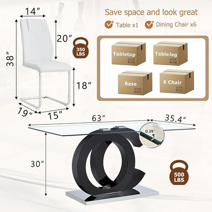 63'' Glass Dining Table Set for 6, Kitchen Table Chairs Set of 6, Clear Glass Dining Table with Black unique design Leg and Silver Metal Base, 6 PU Dining Chairs with Metal Legs, Living Room, Kitchen.