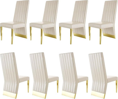 Dining Chairs, White Faux Leather Upholstered Dining Chair with Nailhead Trims, Gold Dining Room Chairs Set of 8