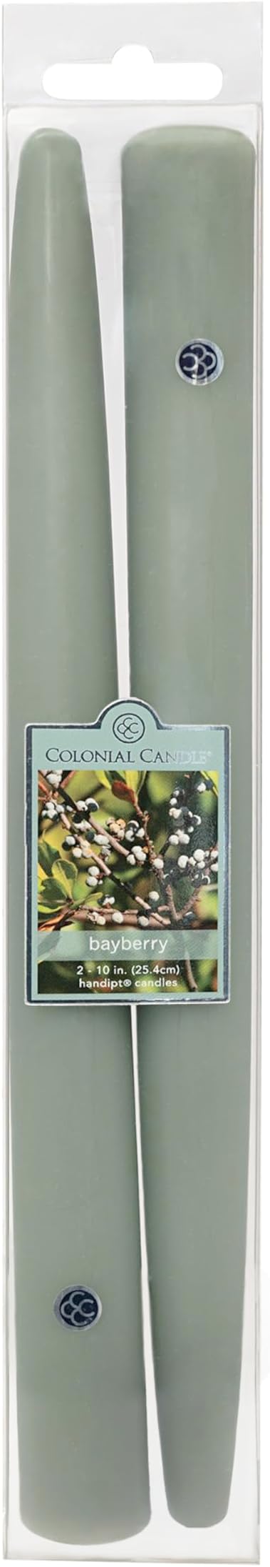 Colonial Candle 10 Inch Bayberry Scented Taper Candle, Virtually Dripless, Premium Wax with Cotton Wick, Pack of 2, Up to 10 Hour Burn - Made in The USA