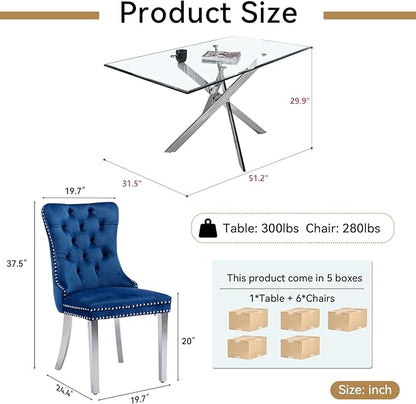 Goujxcy 51" Glass Dining Table Set for 6, Modern Kitchen Table and Chairs Set w/Steel Legs, 7-Piece Dining Table Set w/Glass Silver Dining Table and 6 Blue Velvet Chairs for Kitchen Dining Room