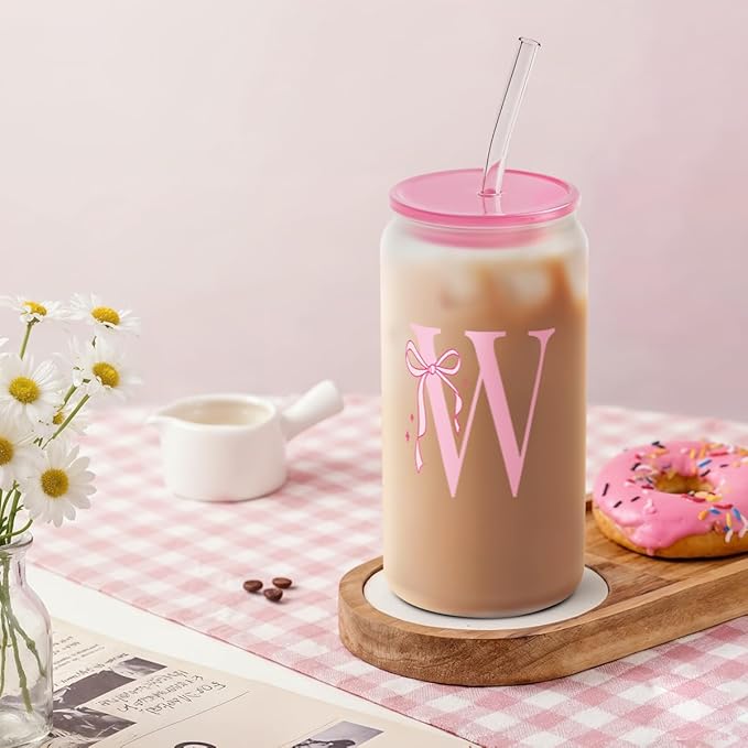 SANDJEST Monogrammed Glass Drinking Can Cup with Acrylic Lid and Straw, Personalized Frosted Iced Coffee Tumbler 16oz, Monogram Initial Gifts for Women Girls on Birthday (W)