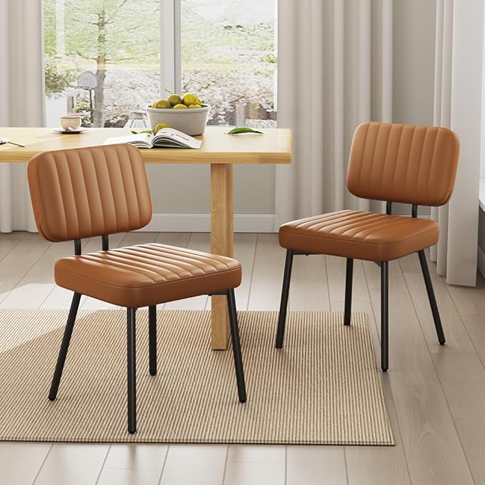 Dining Chairs Set, Upholstered Mid Century Modern Kitchen Dining Room Accent Chairs with Faux Leather Cushion Seat & Metal Legs for Kitchen, Living Room (Brown, Set of 2)