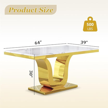 Luxury Dining Room Table with Gold Stainless Steel Metal U-Base in White Gold